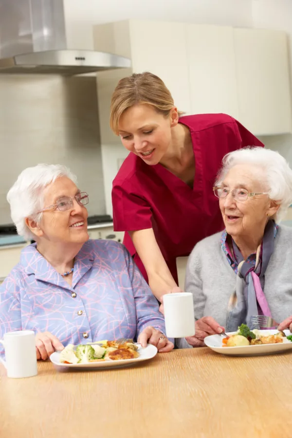 Senior women enjoying lunch at a table together, being served by staff